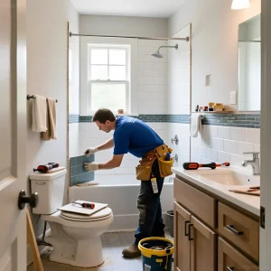 Мастер укладывает бирюзовую плитку в небольшой ванной комнате, демонстрируя практичный способ визуального увеличения пространства.