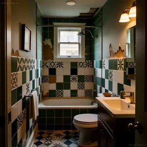 Интерьер маленькой ванной комнаты, облицованной плиткой в темных зеленых и белых тонах с геометрическим орнаментом.