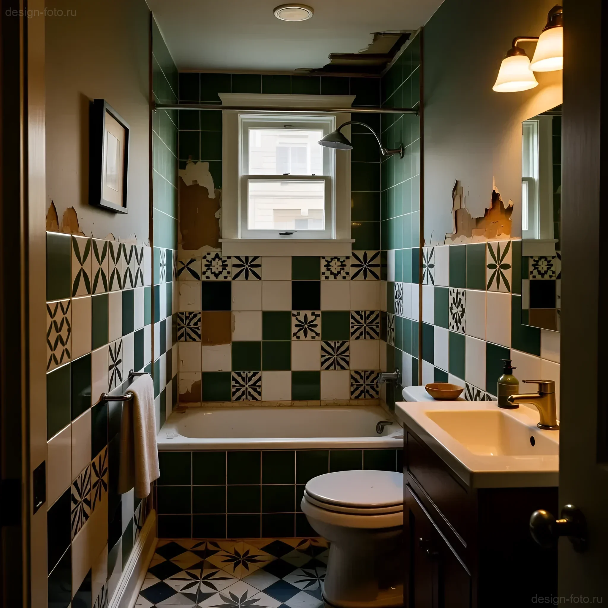 Интерьер маленькой ванной комнаты, облицованной плиткой в темных зеленых и белых тонах с геометрическим орнаментом.