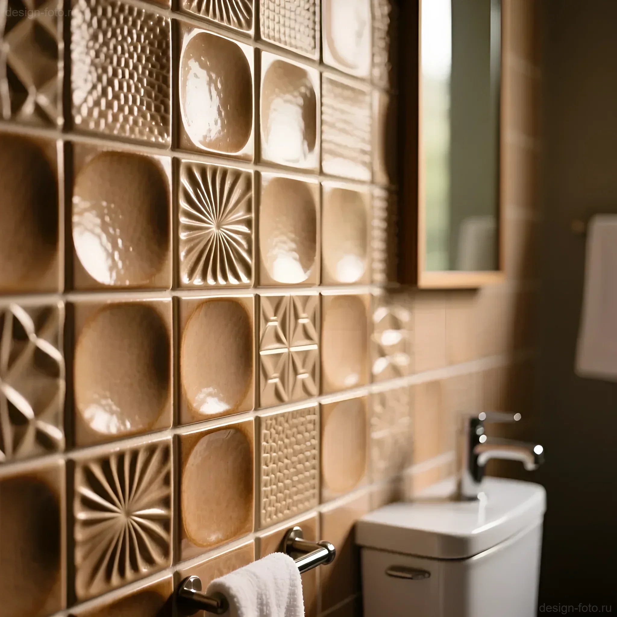 Интерьер ванной комнаты с коричневой плиткой разных фактур, рельефная плитка на стене, современный дизайн, компактная ванная комната.