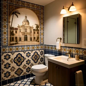 Интерьер маленькой ванной комнаты, облицованной яркой керамической плиткой с марокканским орнаментом и изображением архитектурного пейзажа.