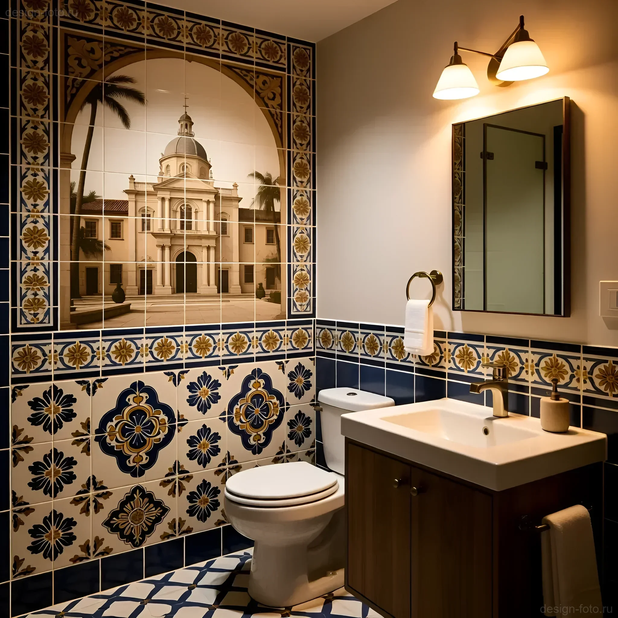 Интерьер маленькой ванной комнаты, облицованной яркой керамической плиткой с марокканским орнаментом и изображением архитектурного пейзажа.