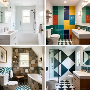 Фото интерьера маленькой ванной комнаты с разнообразной плиткой: белая классика, яркий микс, натуральный камень и геометрический дизайн.