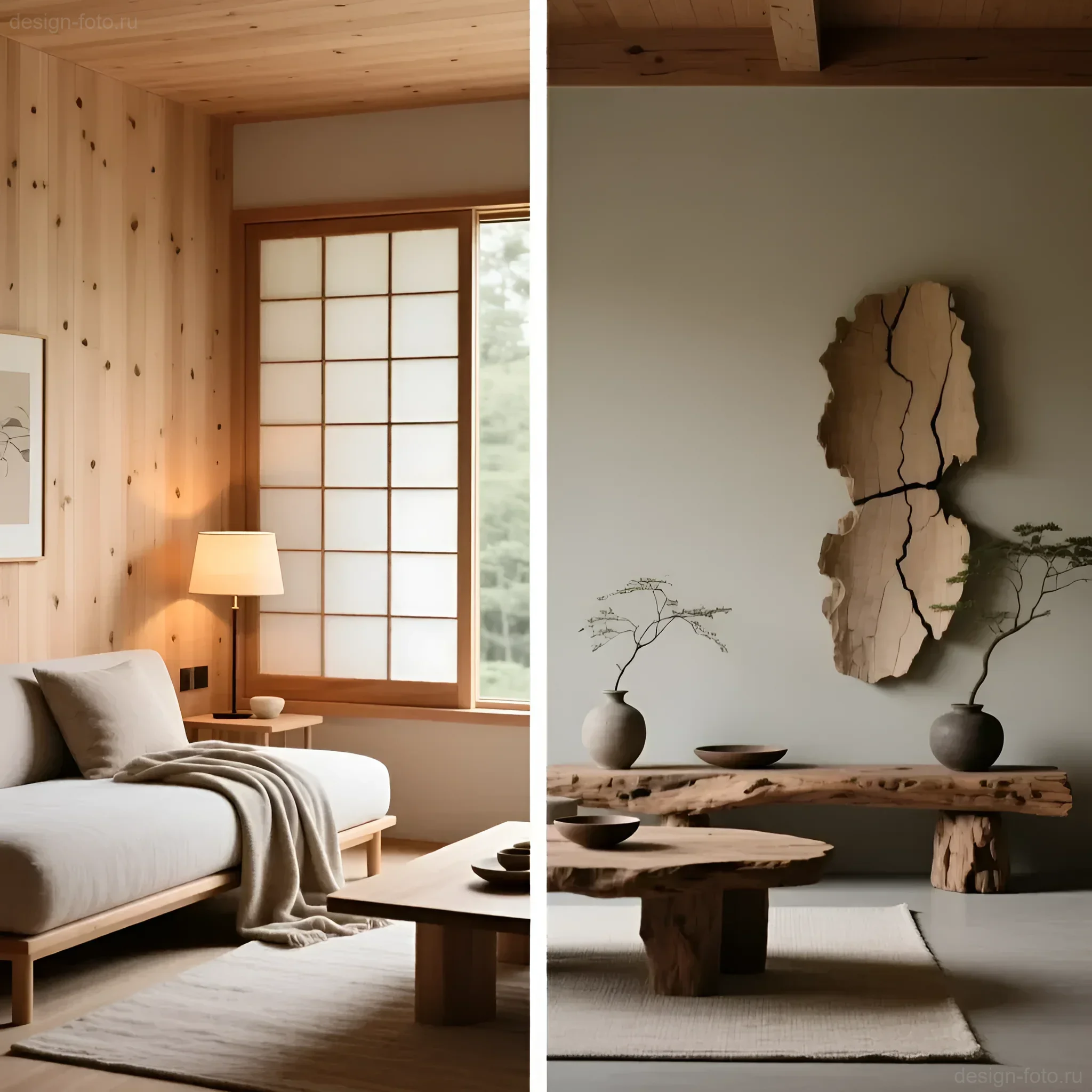 Интерьер в стиле ваби-саби: светлая гостиная с деревянной отделкой, низкий диван и живые растения в керамических вазах.