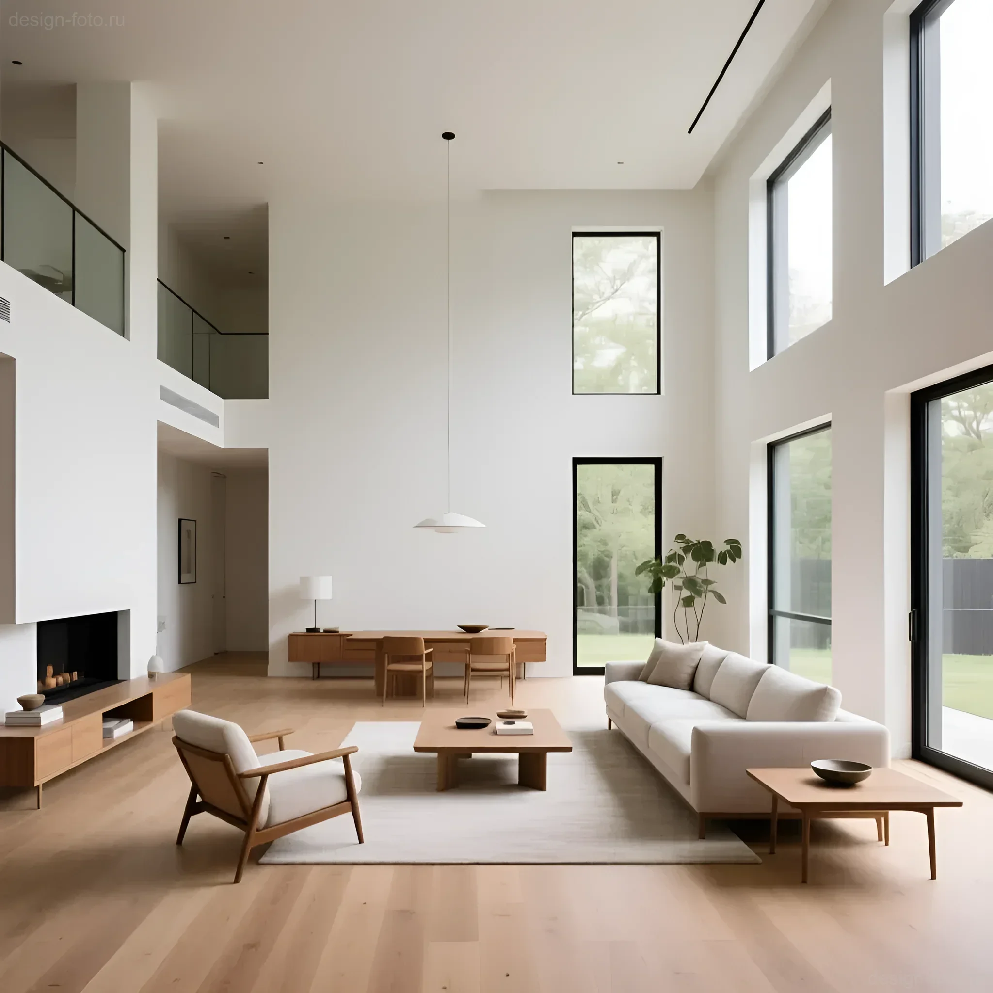 Просторная гостиная в стиле минимализм с панорамными окнами и деревянной отделкой, демонстрирующая принципы зонирования и функциональности.