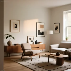 Светлая гостиная в стиле минимализм с деревянной мебелью, абстрактными постерами и уютным ковром.