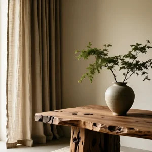 Деревянный стол с вазой и веткой растения на фоне светлых штор, минималистичный интерьер в натуральных тонах