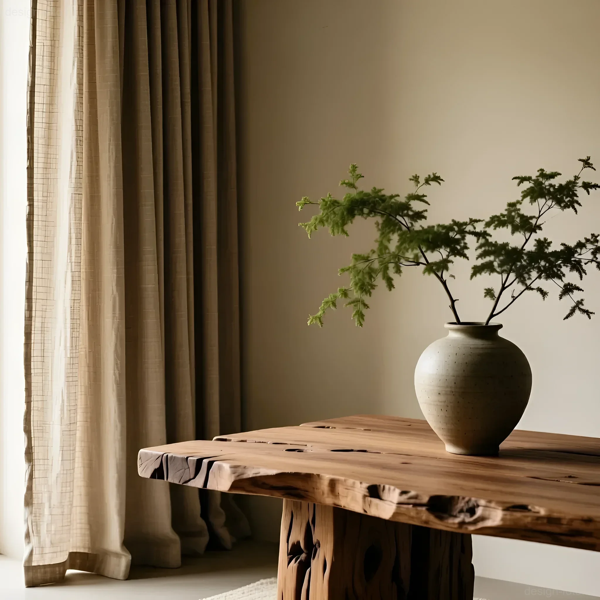 Деревянный стол с вазой и веткой растения на фоне светлых штор, минималистичный интерьер в натуральных тонах