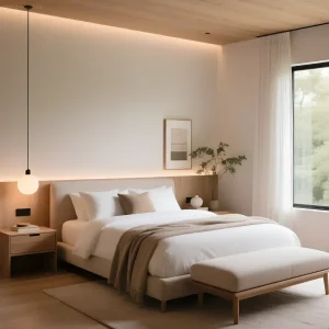 Современная спальня в светлых тонах с низкой кроватью, деревянной тумбочкой и мягким пуфом, освещенная скрытой подсветкой и подвесным светильником.
