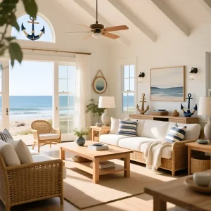 Светлая гостиная в морском стиле с панорамным видом на море, плетеной мебелью и декором в виде якорей.