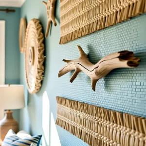 Декоративная стена в морском стиле: мозаика цвета морской волны, деревянные элементы и плетеные панно.