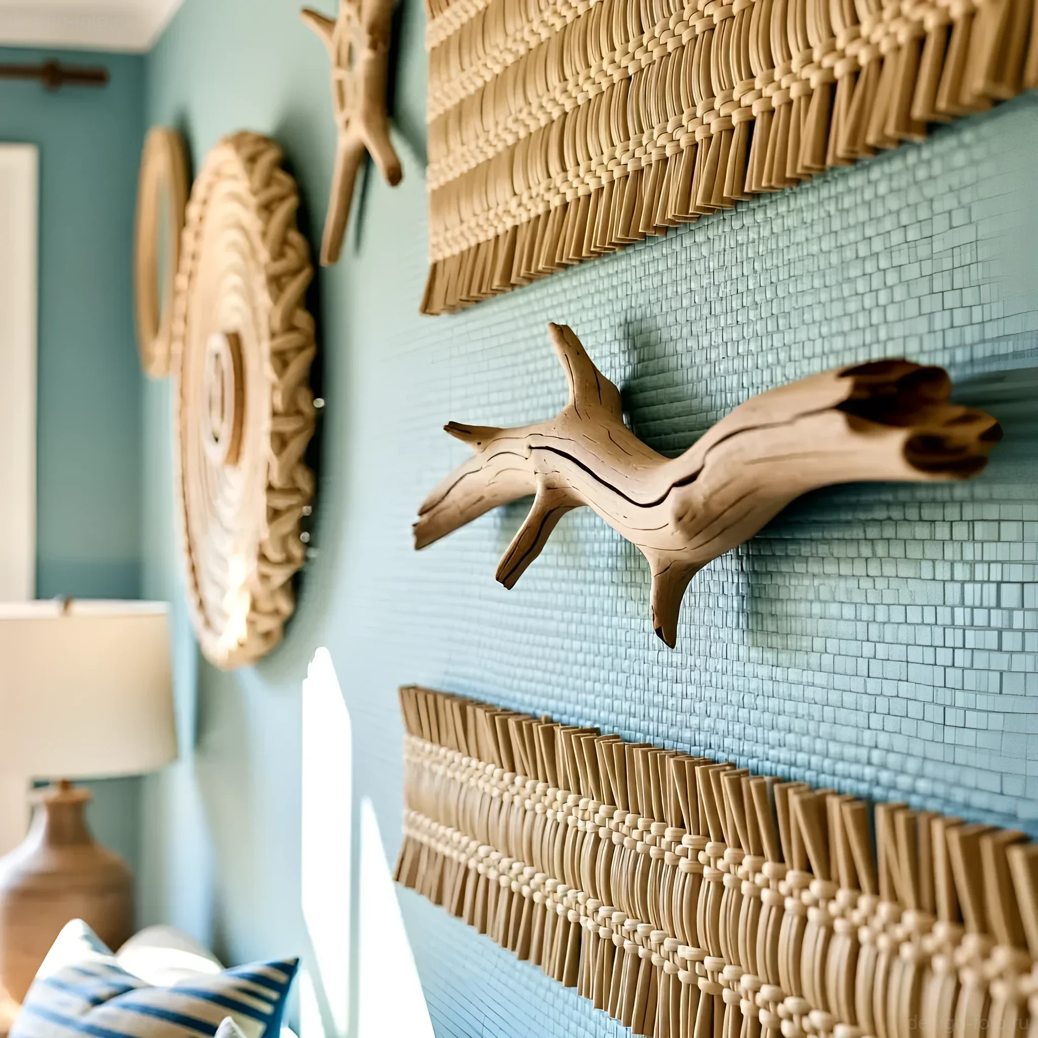 Декоративная стена в морском стиле: мозаика цвета морской волны, деревянные элементы и плетеные панно.