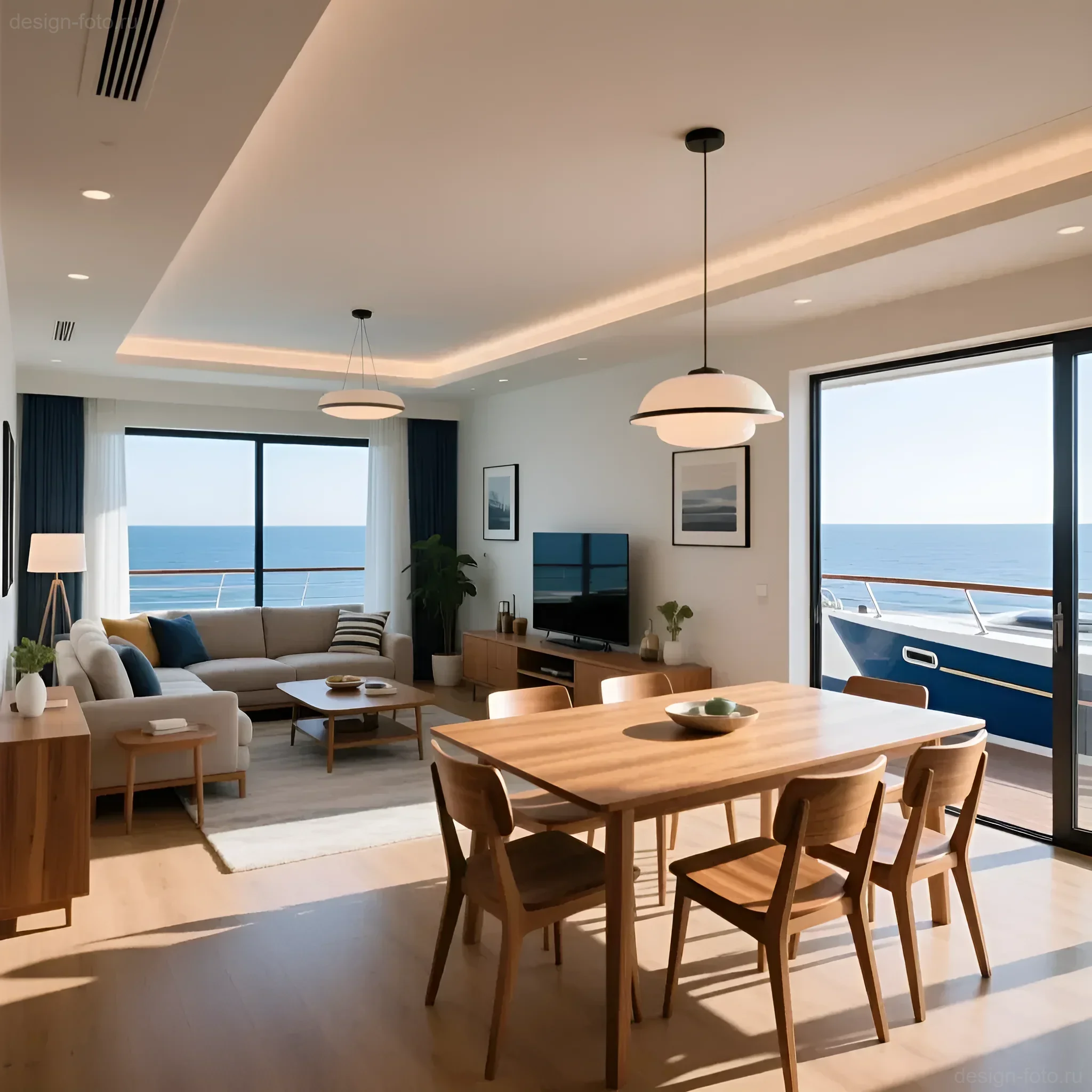 Современная гостиная-столовая в морском стиле с панорамным видом на море, светлая мебель из дерева и акценты синего цвета.