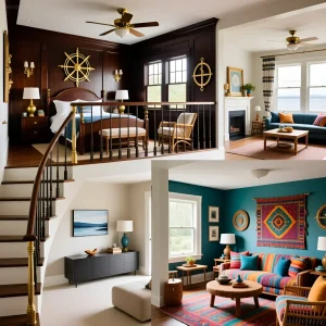 Интерьер в морском стиле с использованием темного дерева, синих и оранжевых акцентов, штурвалом и морскими мотивами в декоре.