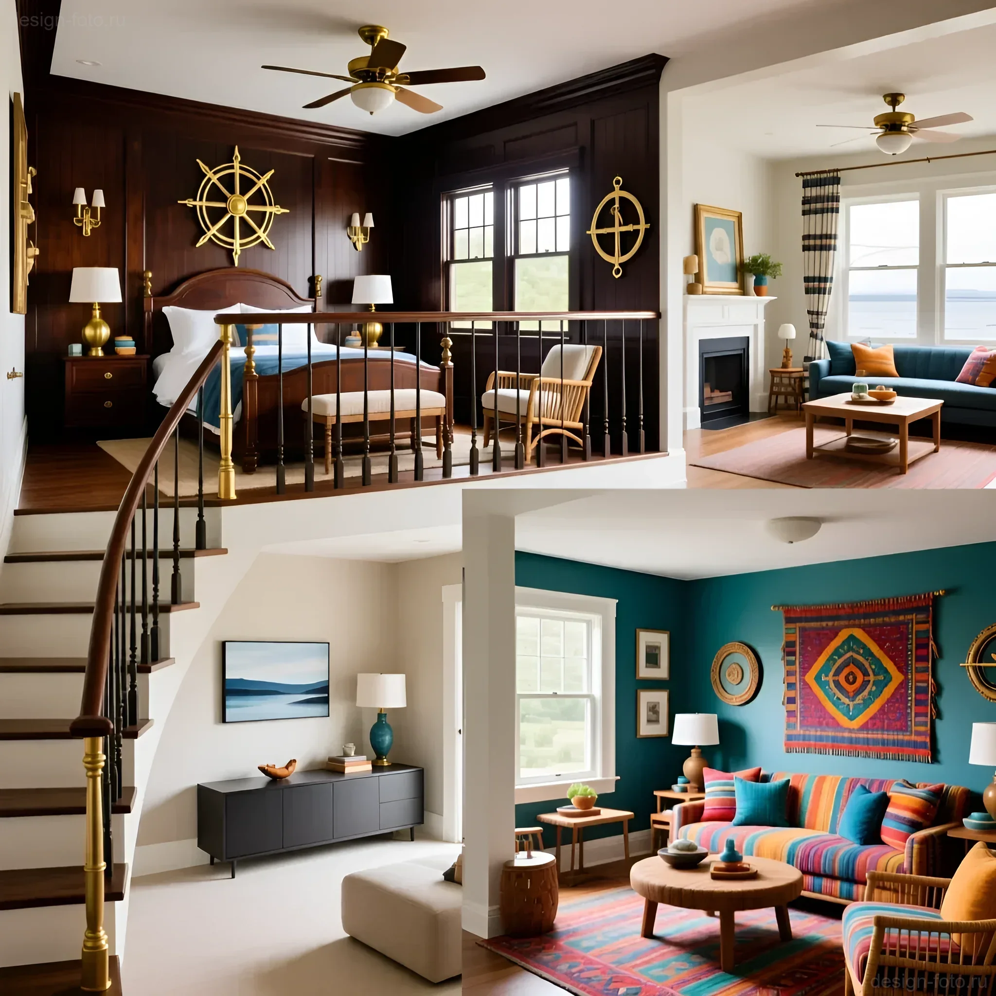 Интерьер в морском стиле с использованием темного дерева, синих и оранжевых акцентов, штурвалом и морскими мотивами в декоре.