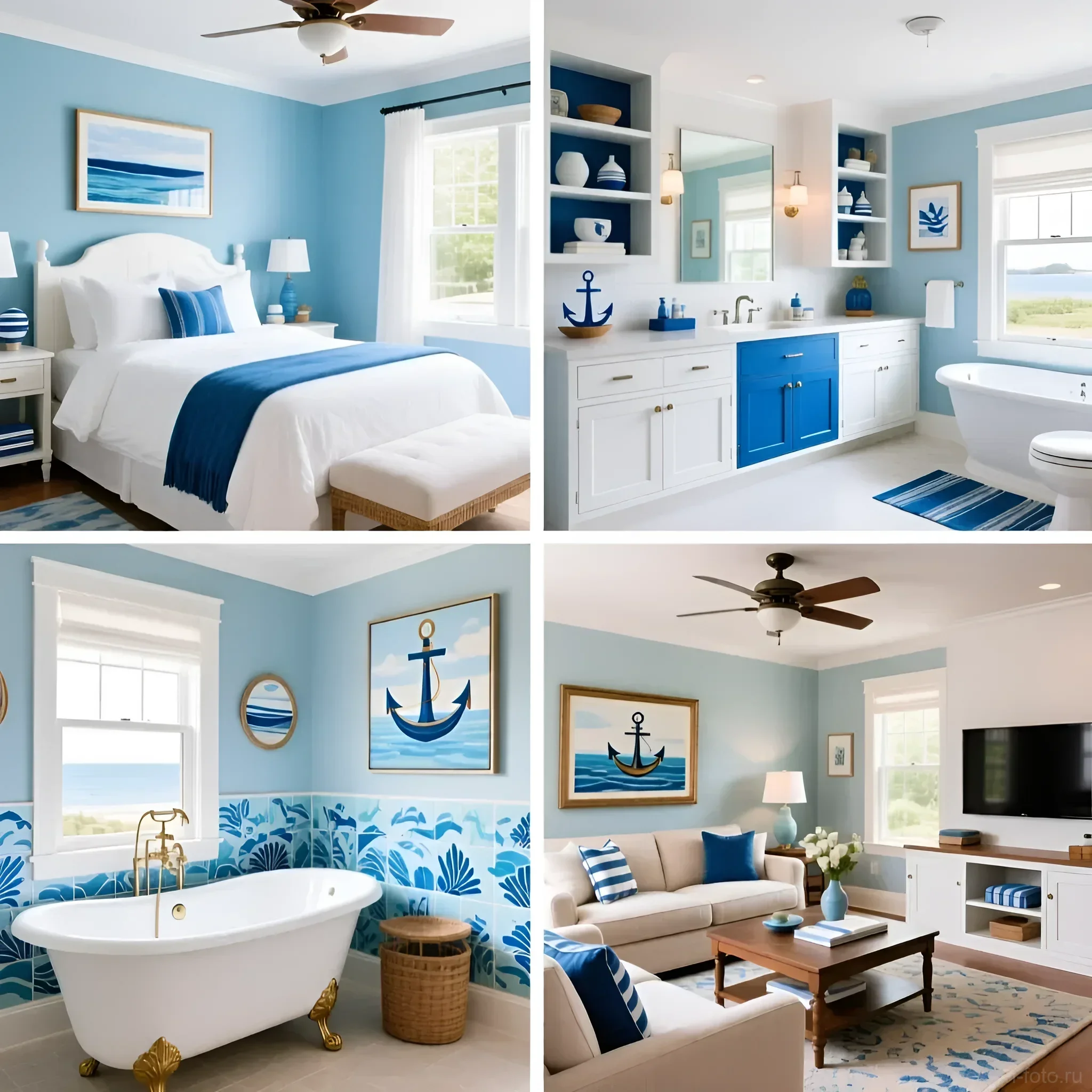 Интерьер в морском стиле: спальня, ванная комната и гостиная в голубых и белых тонах с элементами морской тематики.