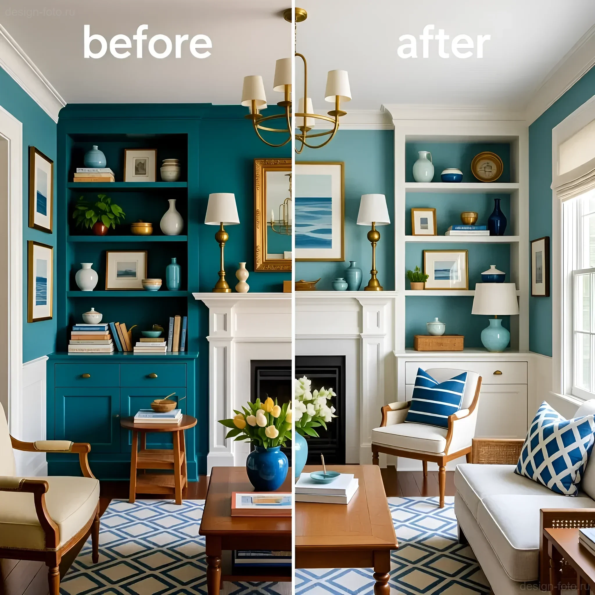 Фото до и после: гостиная в морском стиле с акцентной бирюзовой стеной и белой мебелью, демонстрирующая эффектную трансформацию интерьера.