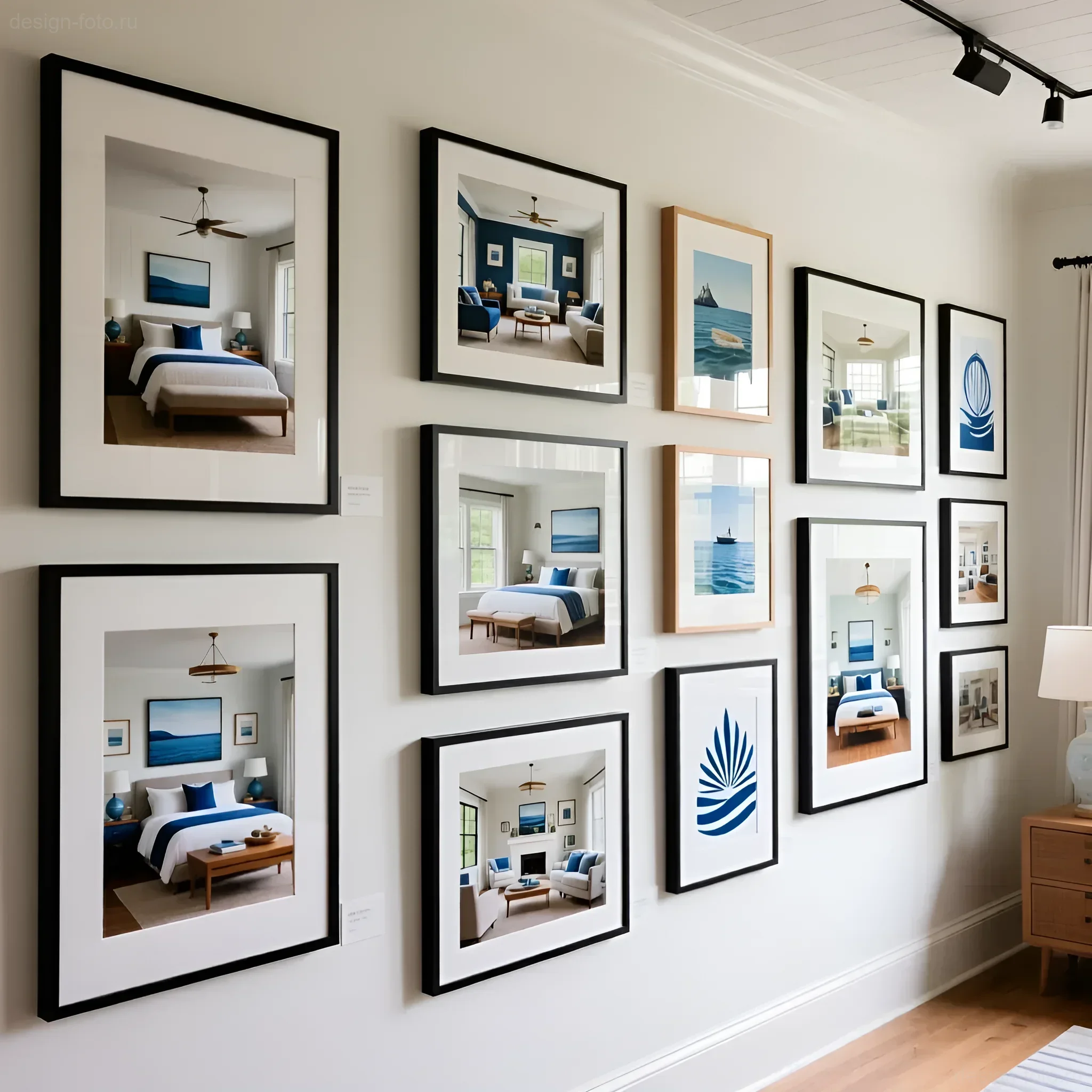 Фотогалерея в морском стиле: картины с изображением моря, неба и интерьеров в сине-белой гамме, оформленные в черные и деревянные рамы.