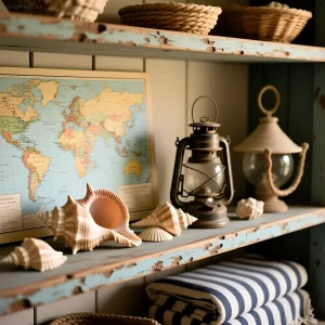 Декоративная полка в морском стиле: ракушки, старинная карта мира, керосиновая лампа и плетеные корзины