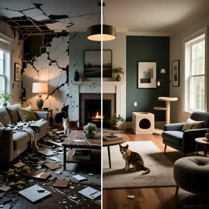Фото интерьера гостиной до и после: хаос и разрушения слева, стильный и безопасный дизайн для кота справа.
