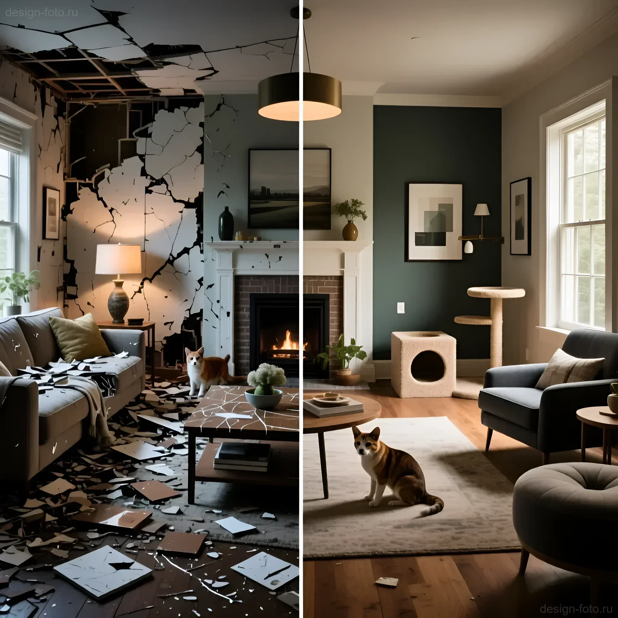Фото интерьера гостиной до и после: хаос и разрушения слева, стильный и безопасный дизайн для кота справа.