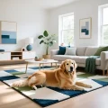 Светлая гостиная в скандинавском стиле с золотистым ретривером, лежащим на геометрическом ковре.