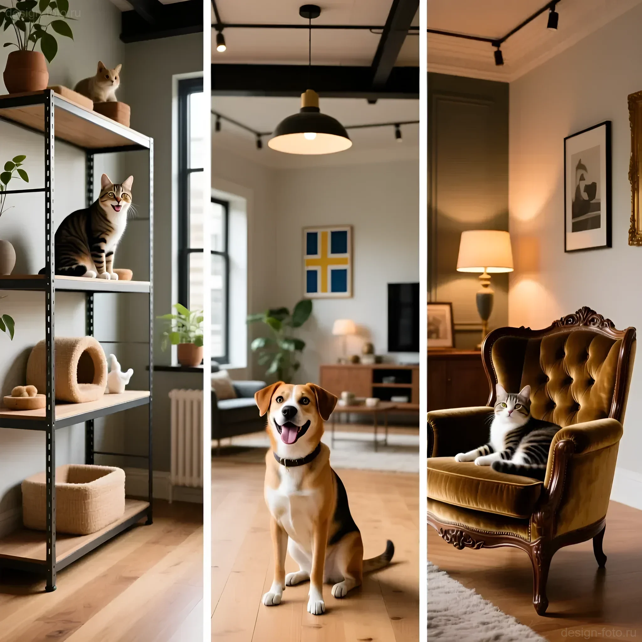 Современный интерьер с элементами лофта и скандинавского стиля, где уютно чувствуют себя кошка и собака.