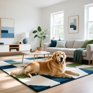Светлая гостиная в скандинавском стиле с золотистым ретривером, лежащим на геометрическом ковре.