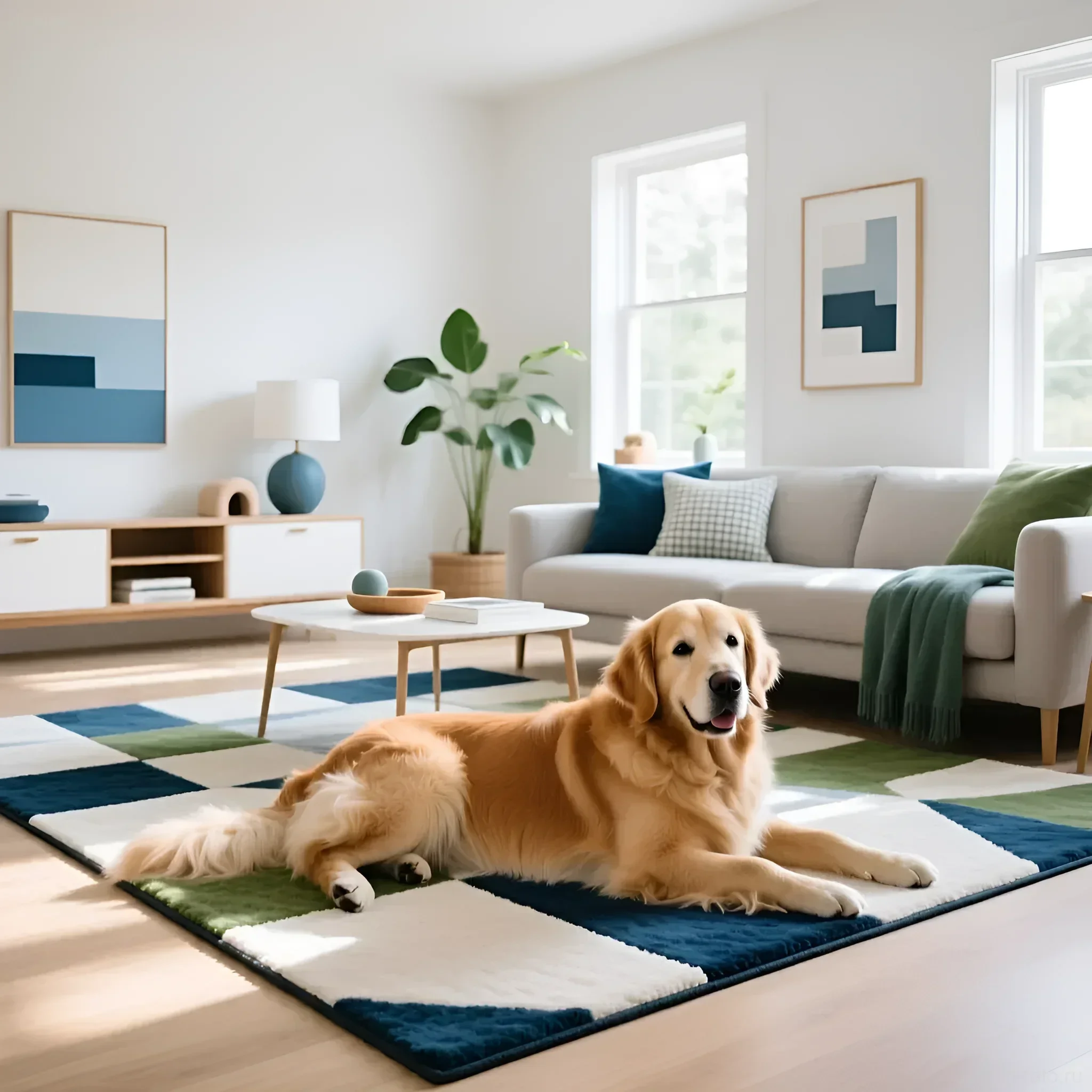 Светлая гостиная в скандинавском стиле с золотистым ретривером, лежащим на геометрическом ковре.
