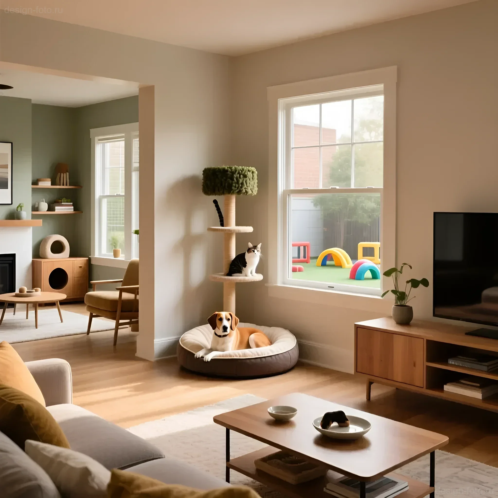 Современная гостиная в светлых тонах с собакой и котом, интегрированными в дизайн интерьера.