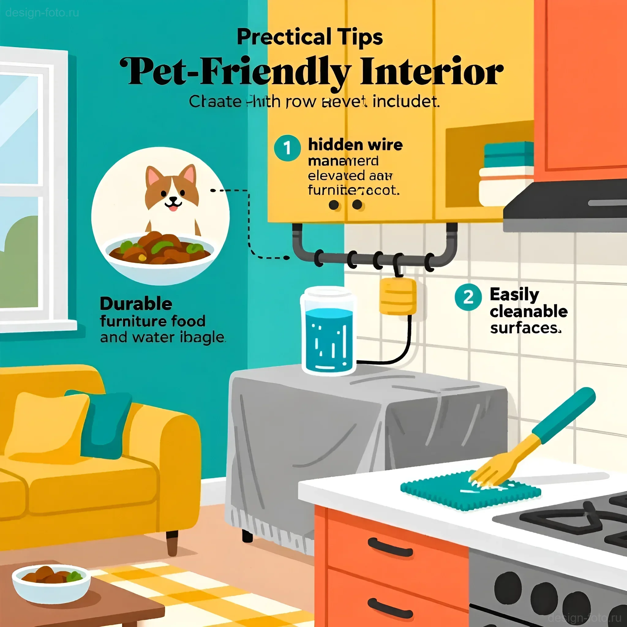 Инфографика: практичные советы по созданию pet-friendly интерьера с акцентом на безопасность и удобство для животных и людей.