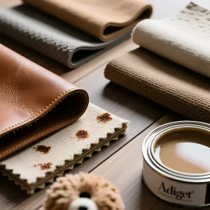 Палитра образцов отделочных материалов в бежево-коричневой гамме: кожа, текстиль, краска, фактурная ткань - для создания интерьера, дружелюбного к домашним животным.