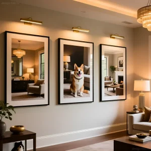 Интерьер гостиной в теплых тонах с триптихом из портретов собаки корги, подчеркивающим индивидуальность хозяев.