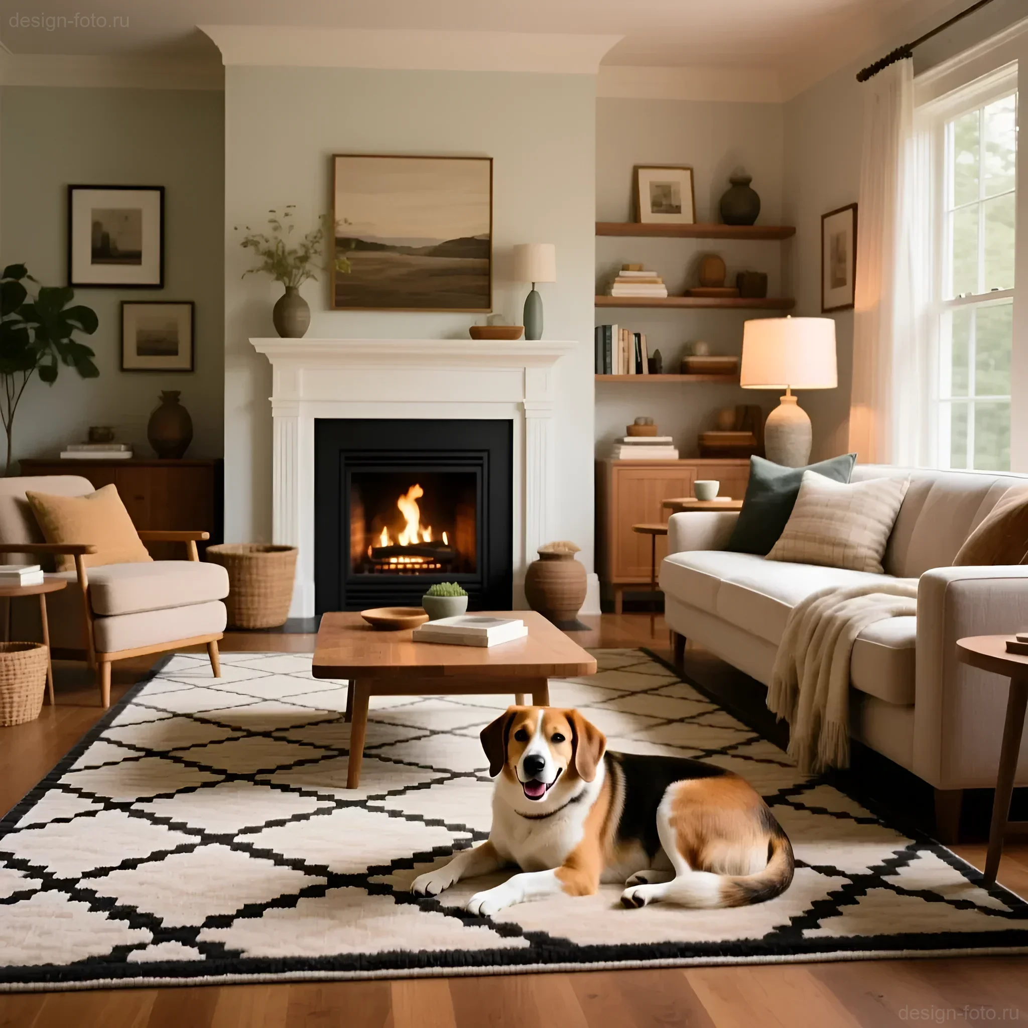 Светлая гостиная в стиле mid-century modern с камином и милым биглем, лежащим на ковре с геометрическим рисунком.