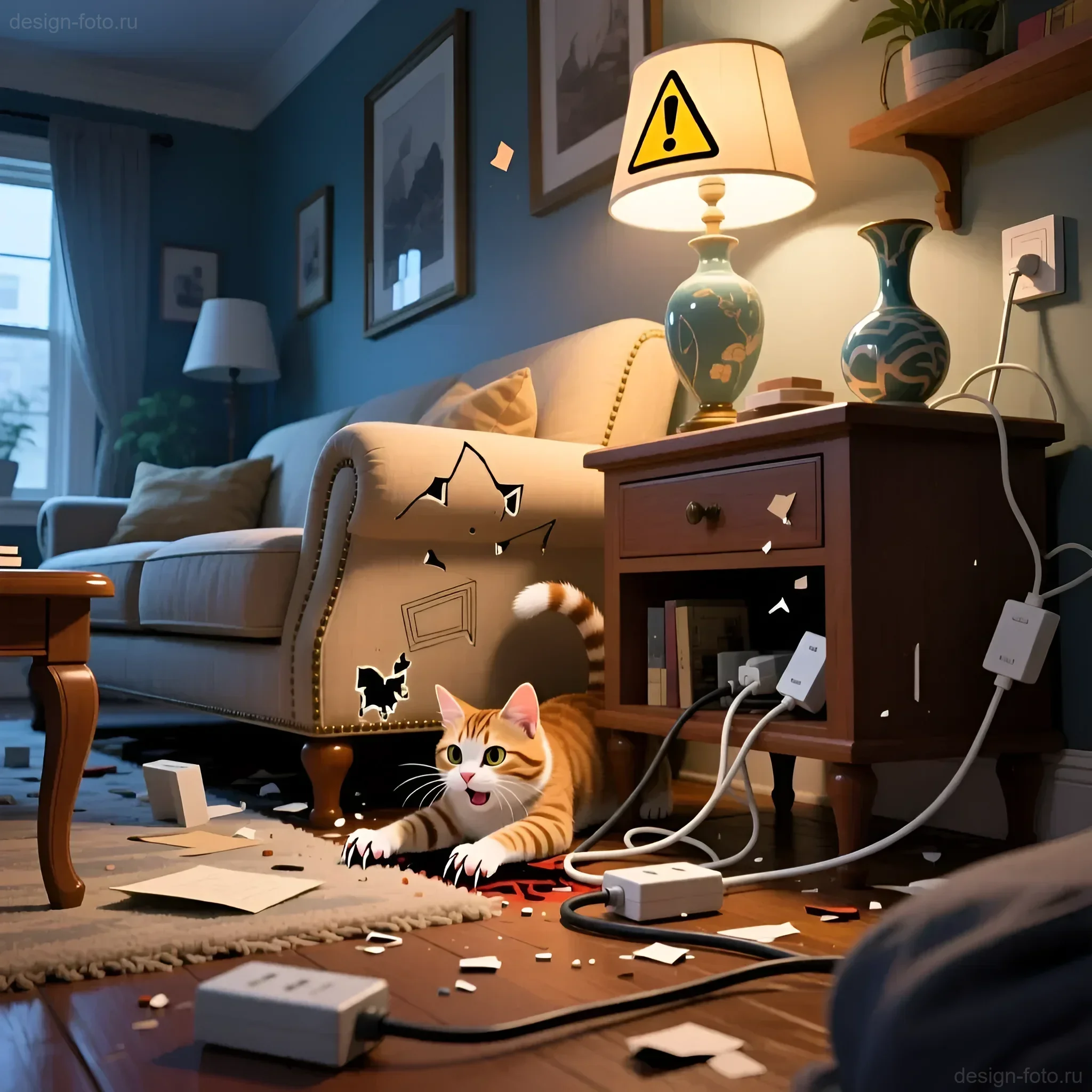 Игривый котенок среди обломков электроники в стильной гостиной, иллюстрация распространенных проблем дизайна для владельцев домашних животных.