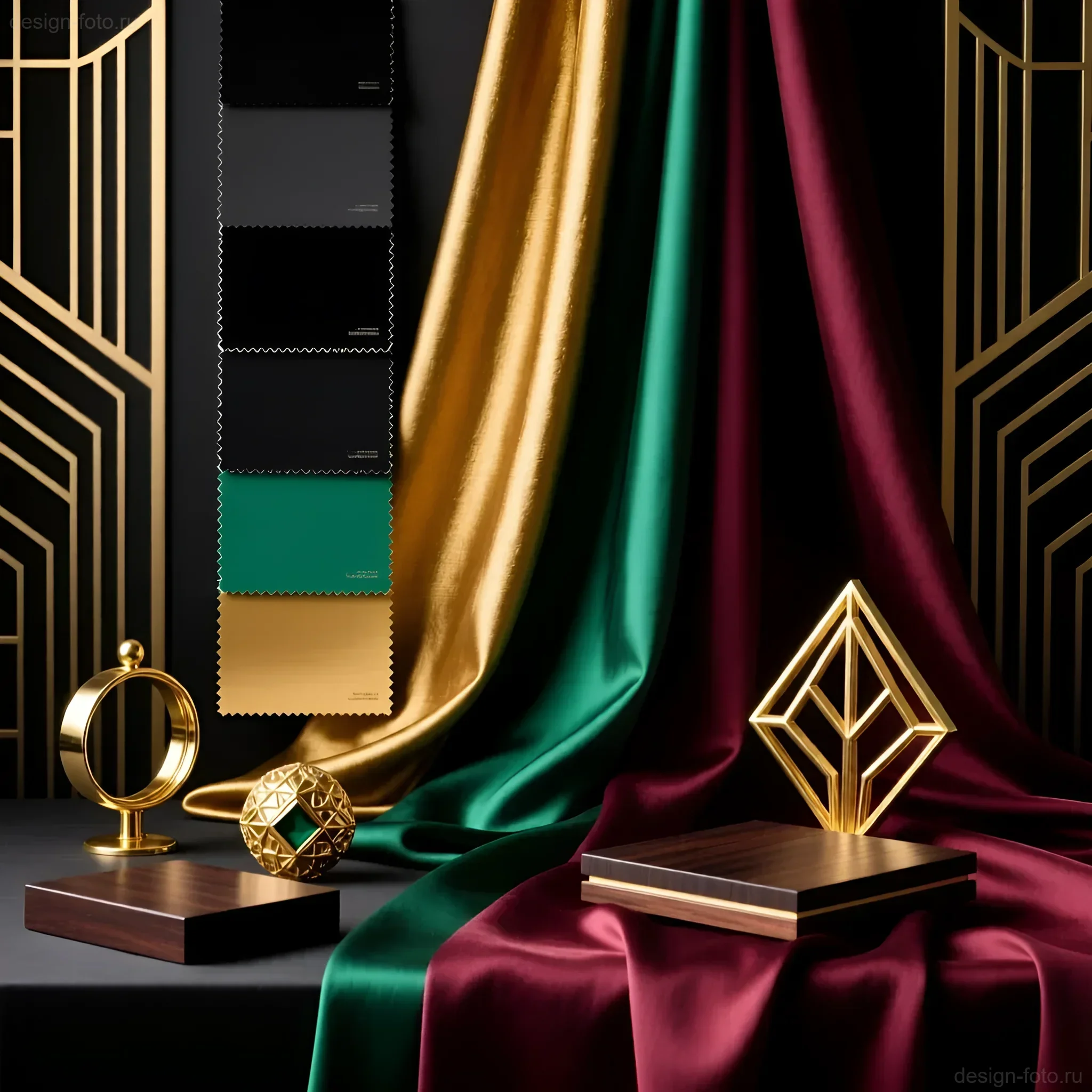Изысканная композиция тканей и декоративных элементов в цветах арт-деко: черный, золотой, изумрудный и бордовый, символизирующая роскошь и элегантность.