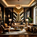Роскошная гостиная в стиле арт-деко с черными, золотыми и бежевыми тонами, геометрическими узорами и элегантной мебелью.