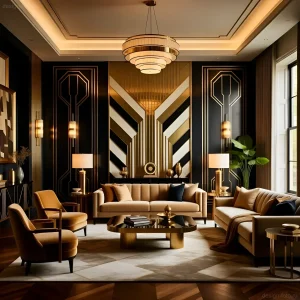 Роскошная гостиная в стиле арт-деко с черными, золотыми и бежевыми тонами, геометрическими узорами и элегантной мебелью.