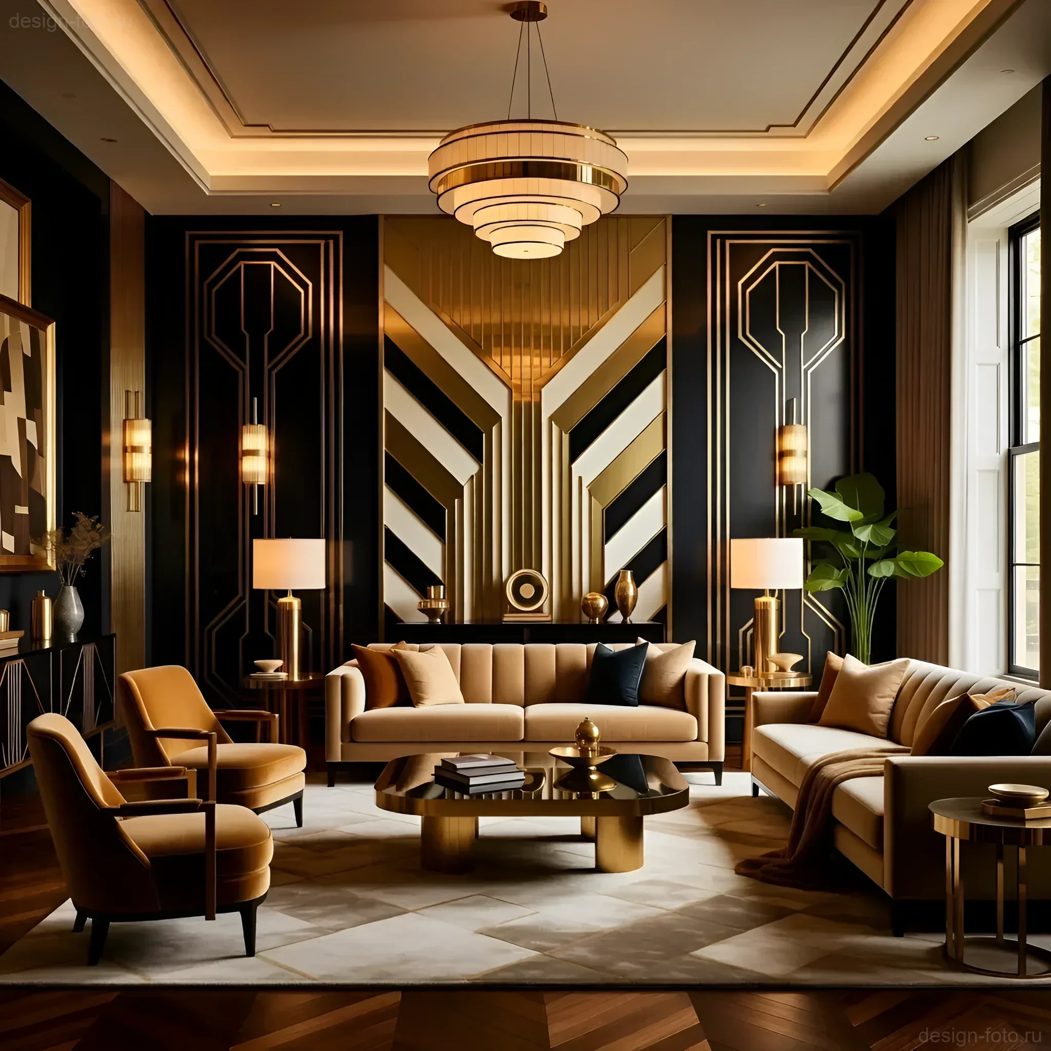 Роскошная гостиная в стиле арт-деко с черными, золотыми и бежевыми тонами, геометрическими узорами и элегантной мебелью.