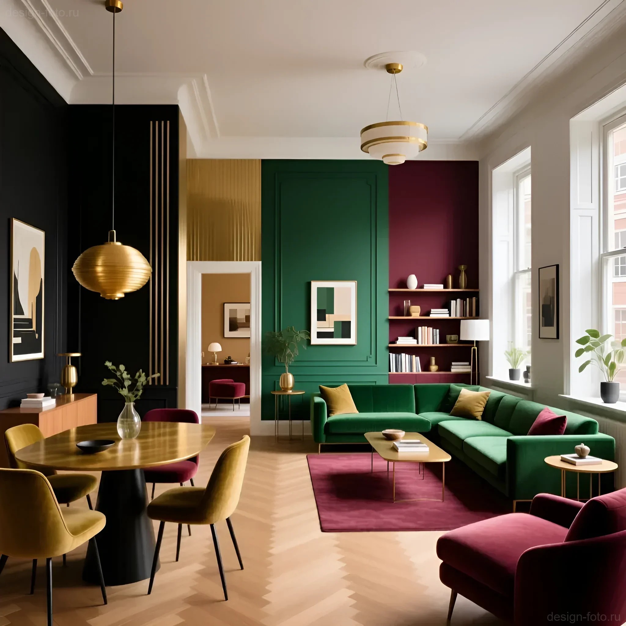 Изысканный интерьер гостиной-столовой в стиле арт-деко с использованием глубоких оттенков изумрудного, бордового, черного и золотого.