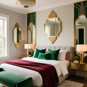 Спальня в стиле арт-деко с использованием изумрудного, бордового и золотого цветов, с геометрическими зеркалами и элегантной мебелью.