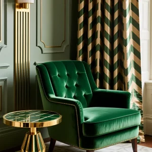 Изумрудное бархатное кресло в интерьере в стиле арт-деко с золотыми акцентами и геометрическим рисунком на шторах.
