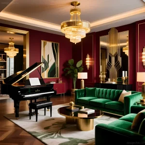 Роскошная гостиная в стиле арт-деко: бордовые стены, изумрудный диван, золотые акценты, черное рояль, современное освещение.