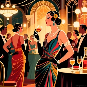 Иллюстрация в стиле арт-деко: элегантная женщина в вечернем платье на фоне светского раута, демонстрирующая характерные цвета эпохи.