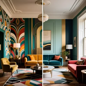 Роскошная гостиная в стиле арт-деко с использованием черного, золотого, изумрудного и бордового цветов, геометрические узоры, элегантная мебель.