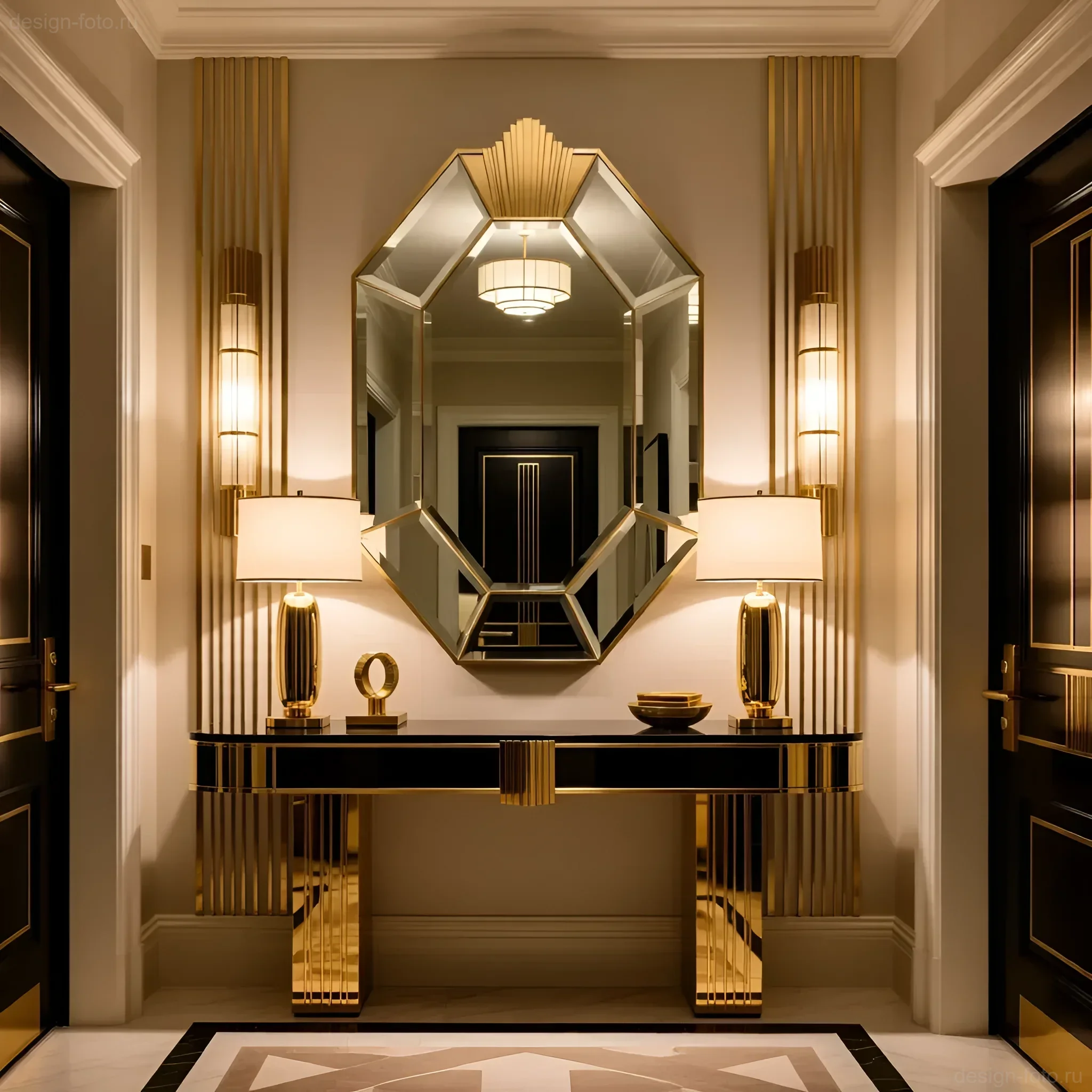 Элегантная прихожая в стиле арт-деко с большим зеркалом геометрической формы, золотыми акцентами и черной консолью.