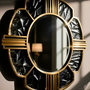 Крупный план роскошного зеркала в стиле арт-деко с золотой рамой и геометрическим узором из черного стекла.