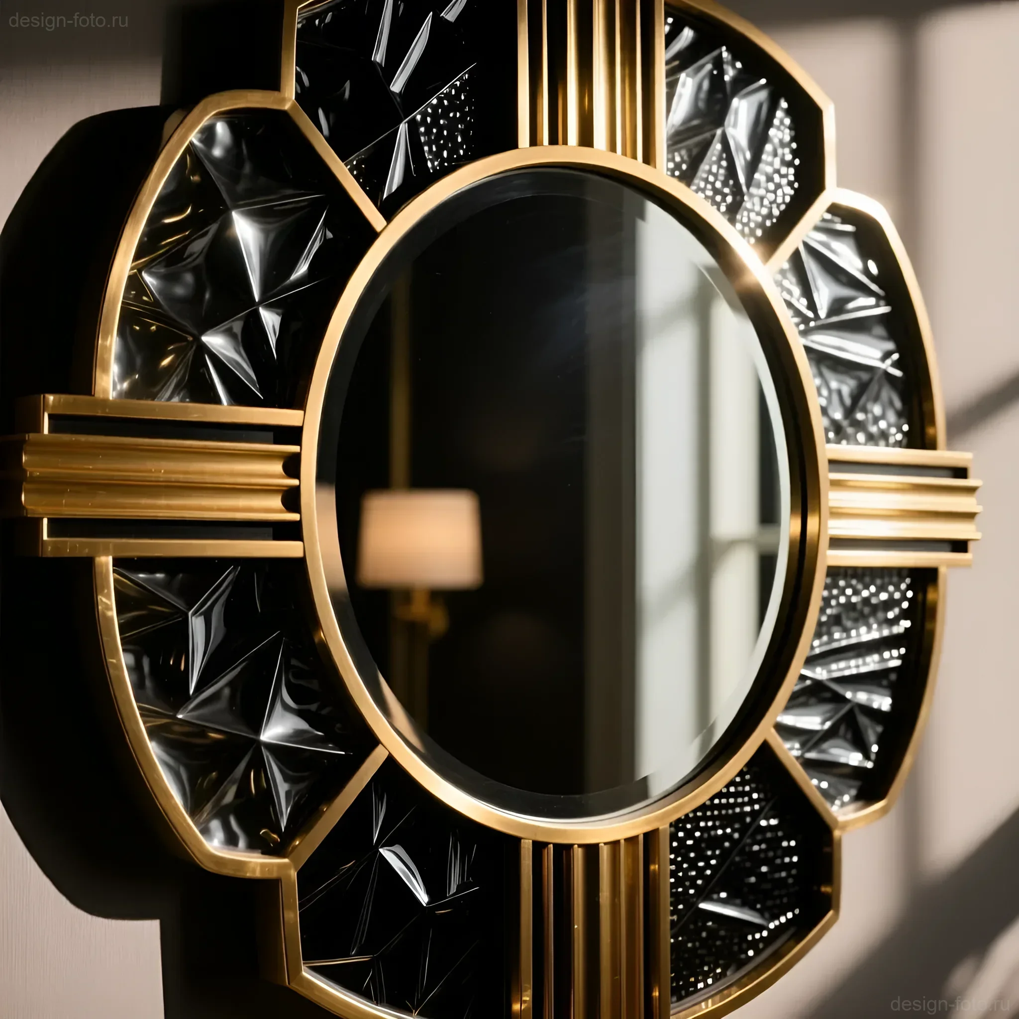Крупный план роскошного зеркала в стиле арт-деко с золотой рамой и геометрическим узором из черного стекла.