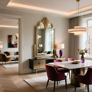 Роскошное зеркало в стиле арт-деко золотого цвета в светлой столовой с бархатными креслами и геометричным декором.