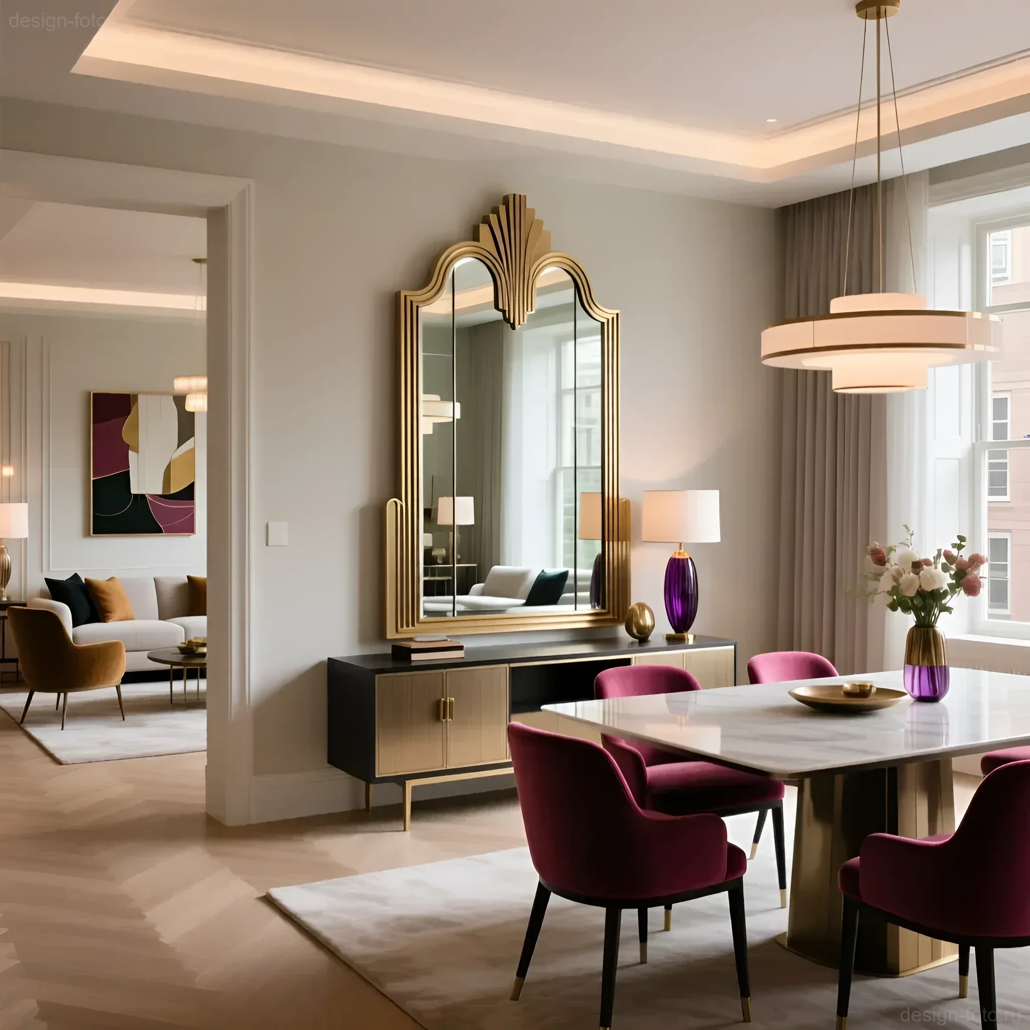 Роскошное зеркало в стиле арт-деко золотого цвета в светлой столовой с бархатными креслами и геометричным декором.